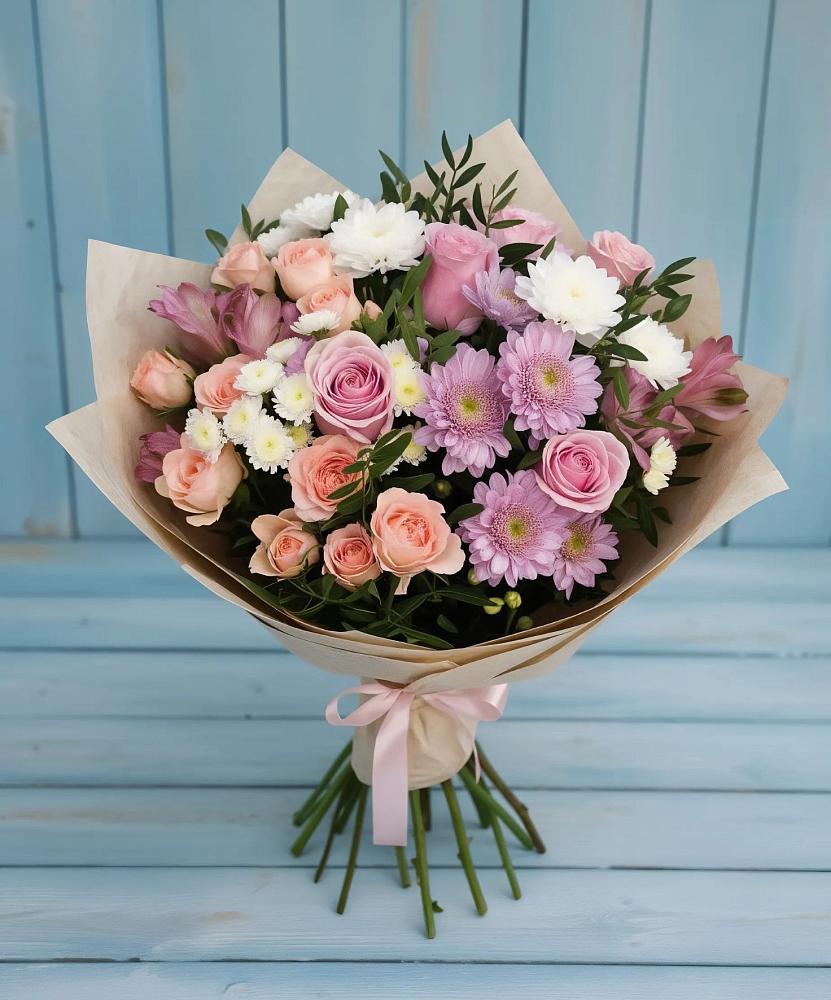 Букет цветов из: Хризантемы, Розы и Альстромерии в Олу