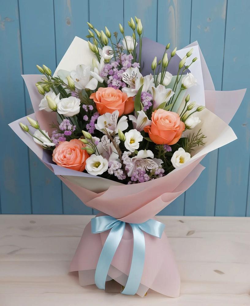Букет цветов из: Лизиантусы, Розы, Альстромерии и Гипсофила в Олу