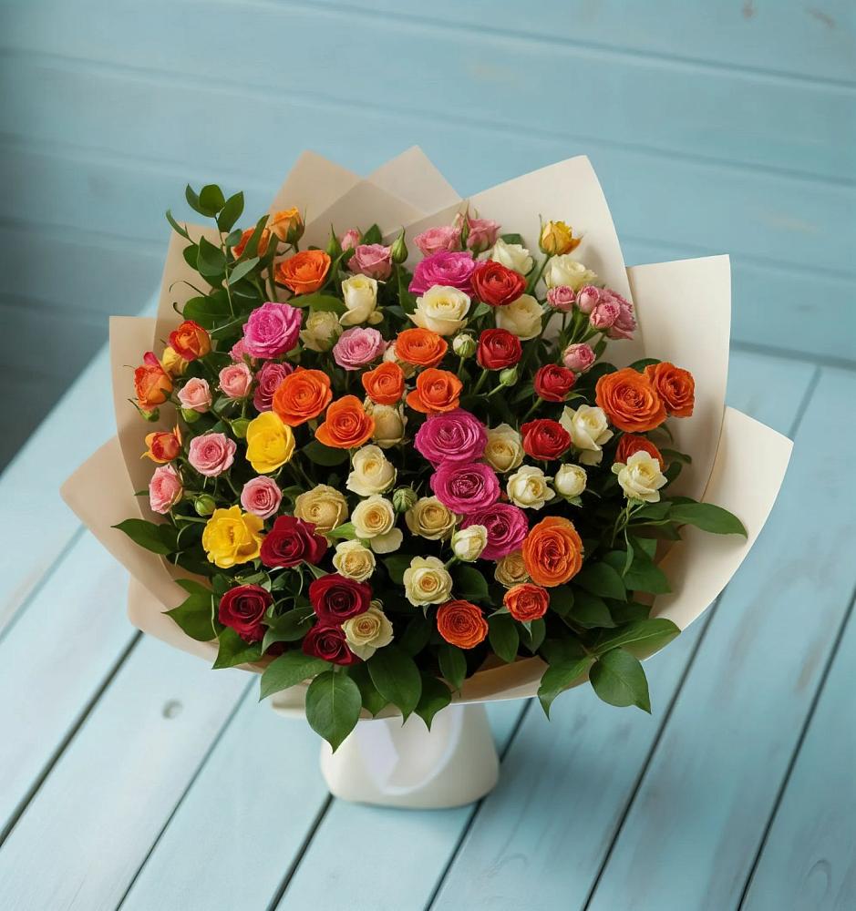 Букет Микс из разноцветных кустовых роз в Олу