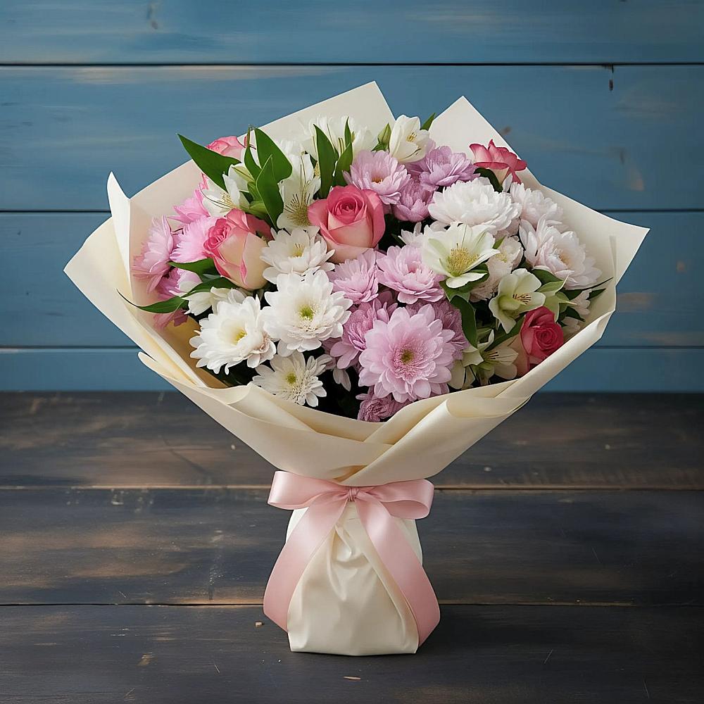 Букет цветов из: Хризантемы, Альстромерии и Розы в Олу